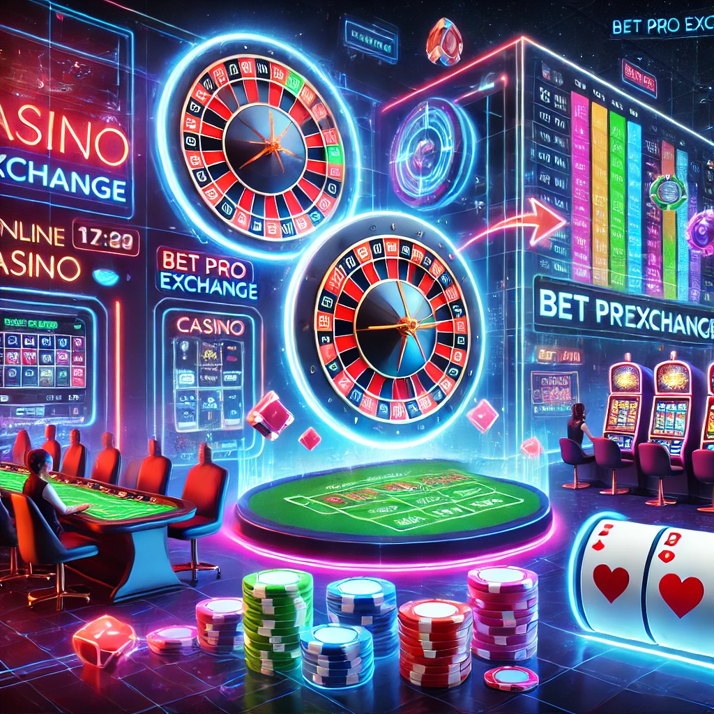 A futuristic online casino interface with slot machines, poker tables, and a roulette wheel, showcasing the immersive experience of A futuristic online casino interface with slot machines, poker tables, and a roulette wheel, showcasing the immersive experience of Bet BPExch.