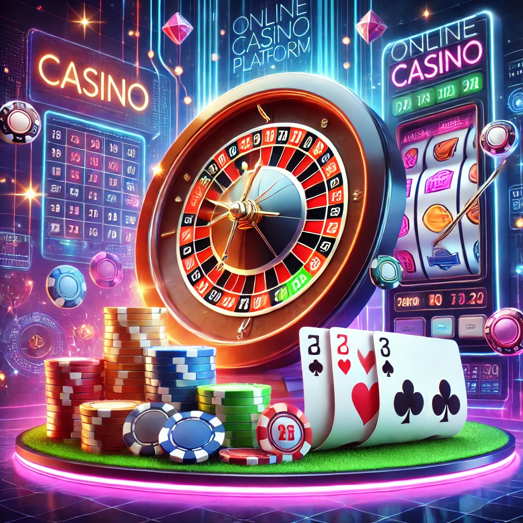 Online casino gaming platform with a roulette wheel, poker chips, playing cards, and a slot machine in a neon-lit digital setting.