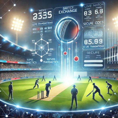 Online cricket betting exchange for men's cricket with a live stadium match and sportsbook interface.