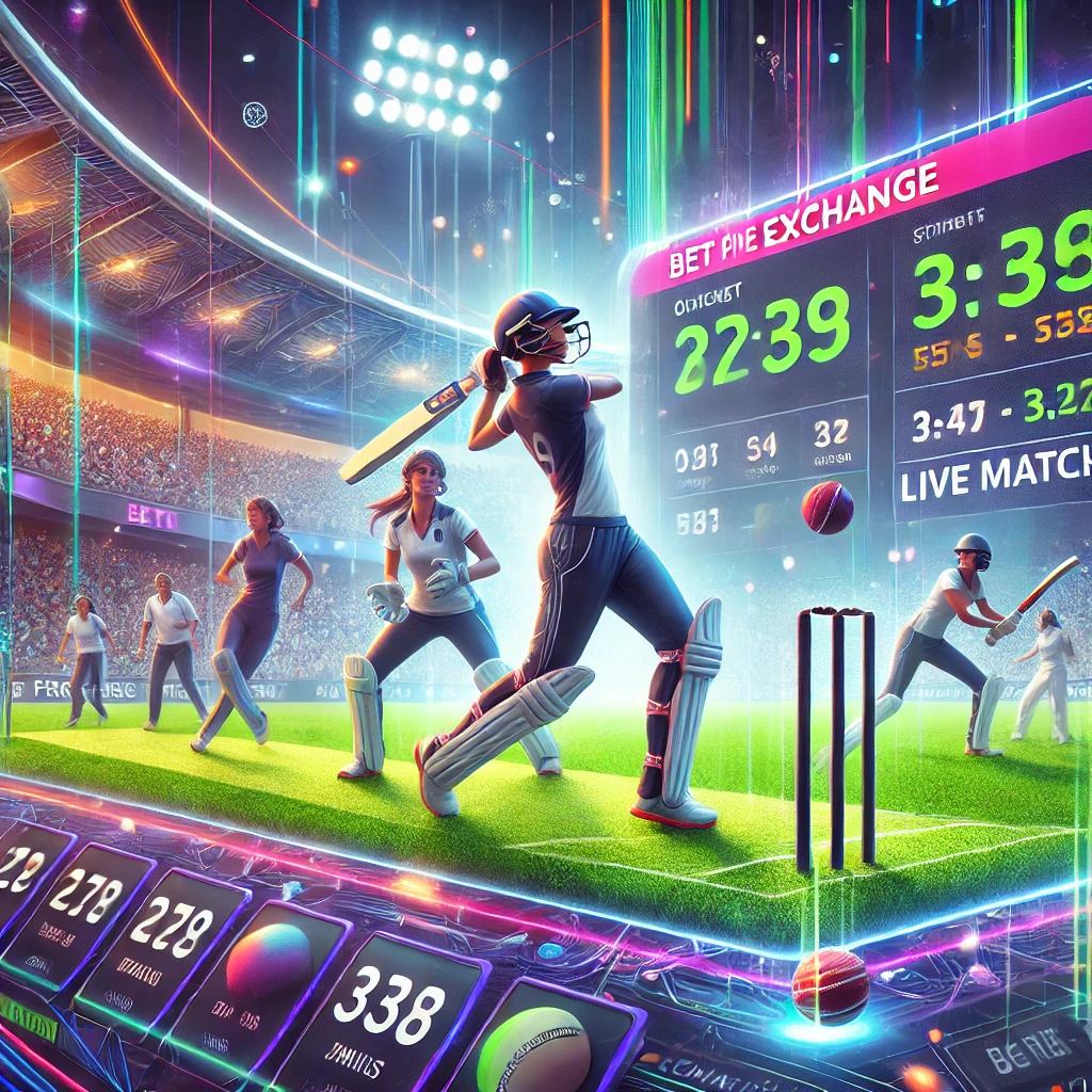 Women's cricket betting scene on Bet Pro Exchange with a stadium, female players, and a mobile betting interface.