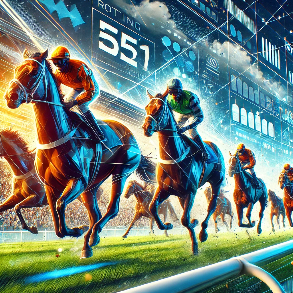 Horse racing betting scene with jockeys in action and a digital betting exchange interface.