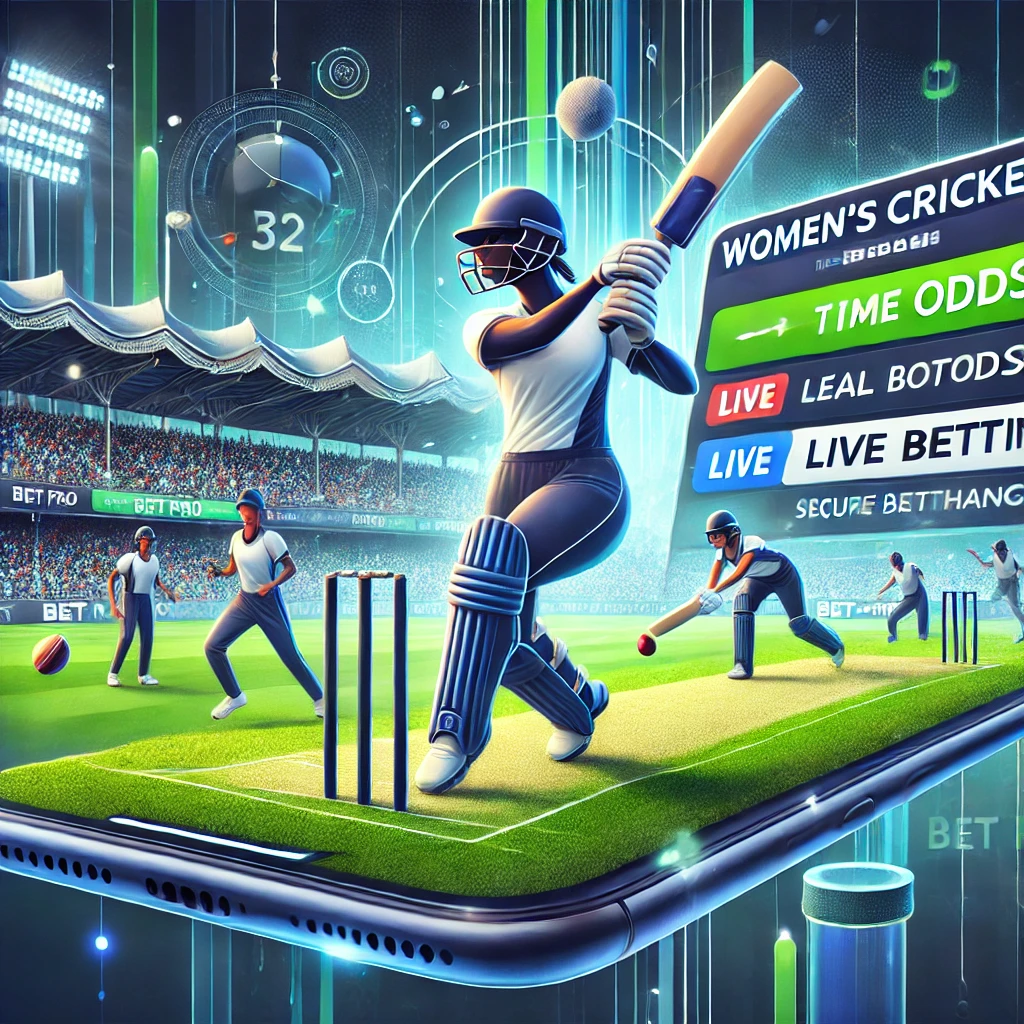 Women's cricket betting scene on Bet Pro Exchange with a stadium, female players, and a mobile betting interface.