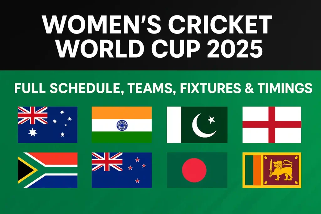 Promotional graphic for ICC Women World Cup 2025 with cricket imagery, dates, and schedule highlights.
